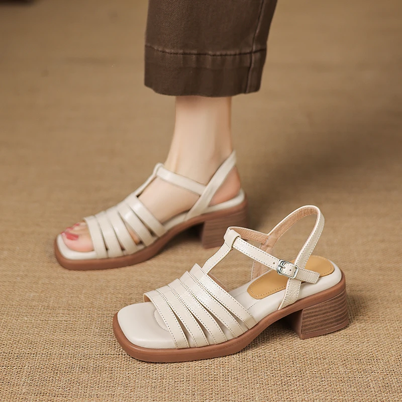 2026 new summer women sandals natural leather plus size 22-26cm cowhide+pigskin t-strap ankle-buckle high heel women shoes