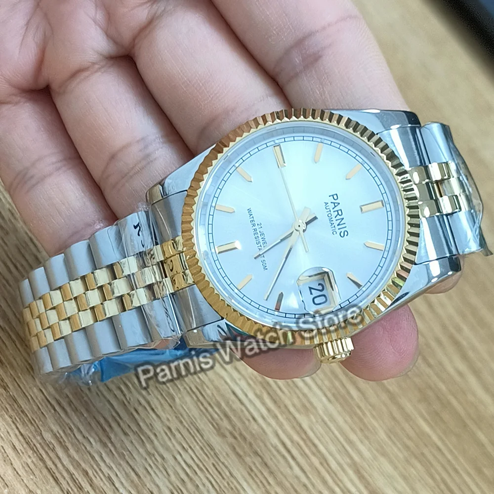 Parnis 36mm Gold Silver Color White Dial Men Watch Automatic Movement Men Stainless Steel Bracelet Mechanical Watches