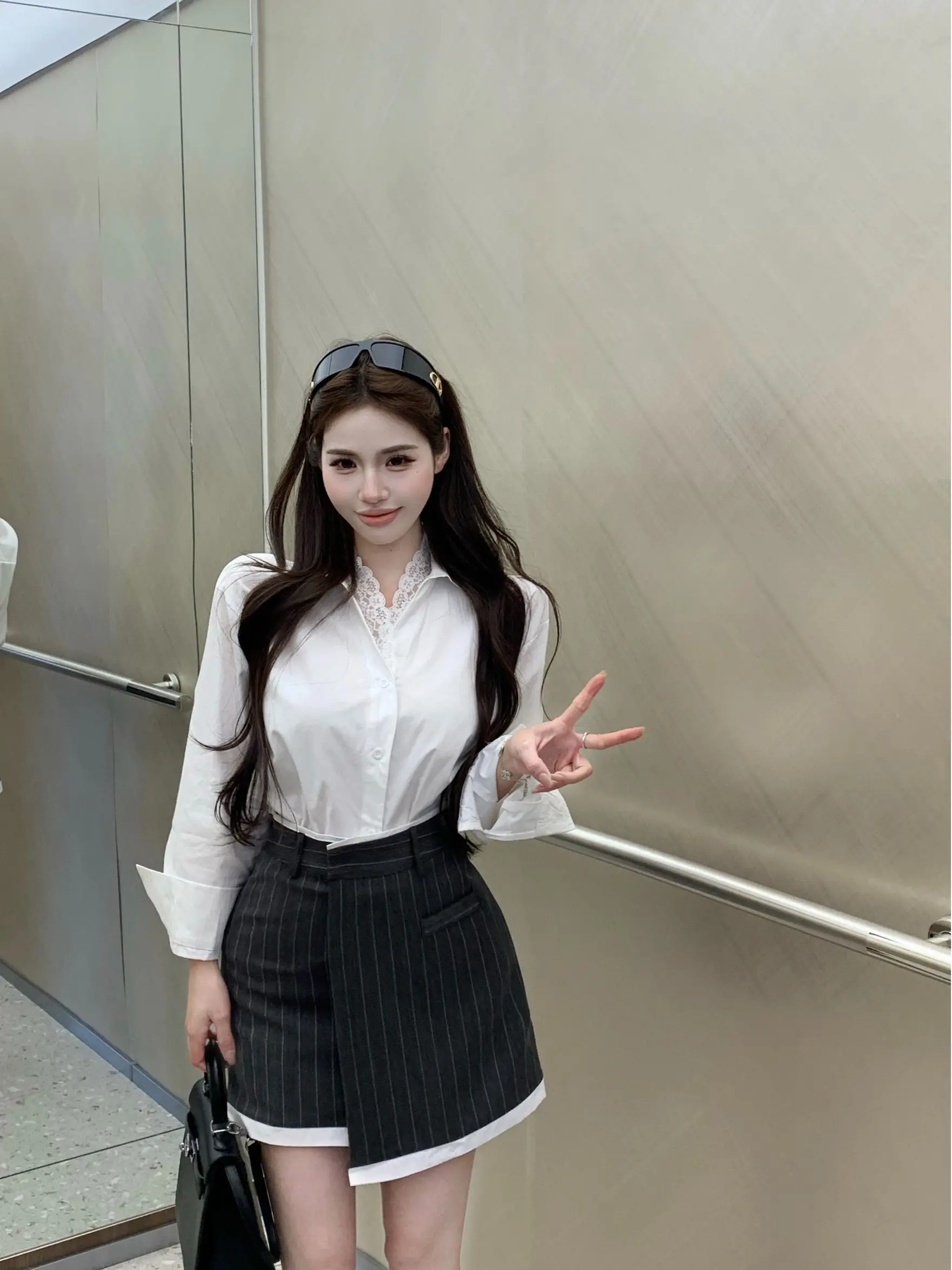 

Elegant Pure Desire Long Sleeve Shirt And High Waist Asymmetrical Half Skirt Two Piece Set Women's Spring Fashion Ensemble