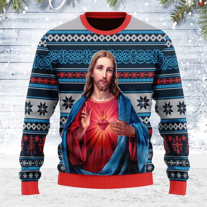 All Over Print Maria And Jesus Graphic Christmas Sweatshirts New In Casual Crew Neck Pullover Sweatshirt Clothes Mens Hoodie Top