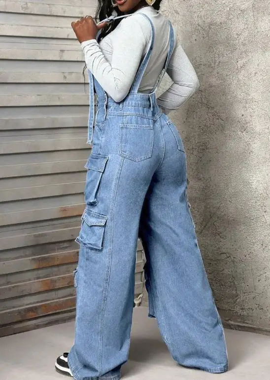 

Autumn New Solid Color Multi Pocket Decoration High Waist Loose Wide Leg Strap Jumpsuit Women's Fashion Trend Cowboy Jumpsuit