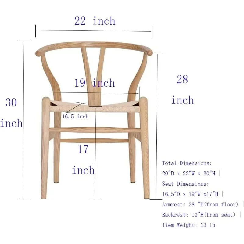 Set of 2 Wishbone Chair Solid Wood Y Chair Mid-Century Armrest Dining Chair, Hemp Seat (Ash Wood - Natural/Black/Walnut )