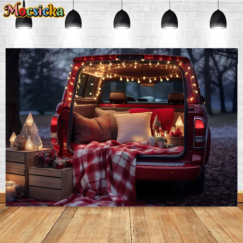 Mocsicka Winter Christmas Red Car Photography Background Gift Xmas Trees Family Kids Portrait Decor Backdrop Photo Studio Props