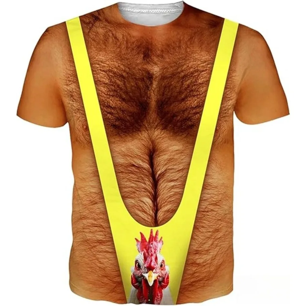 Funny Hairy Body Rooster 3D Print Men T Shirt Summer Casual Short Sleeve O-Neck Streetwear Party Graphic Tees