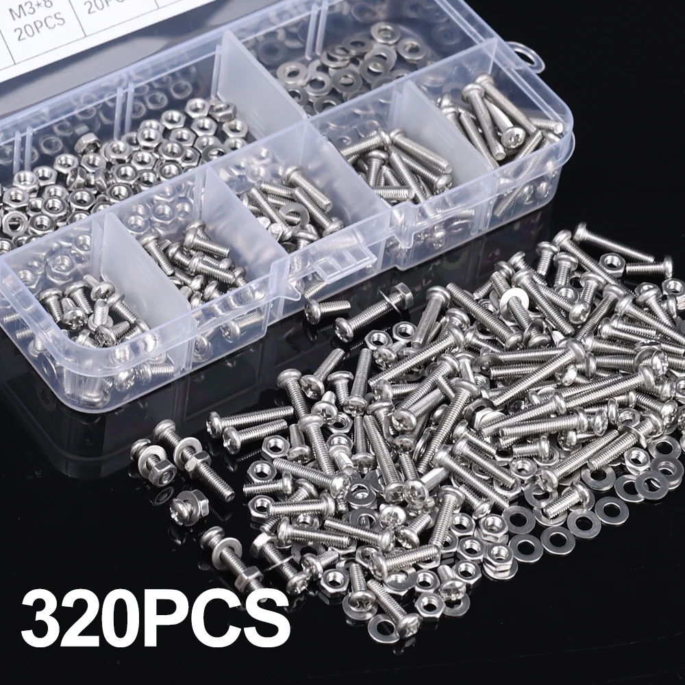 320pcs M3 Stainless Steel Hexagon Hex Socket Screw Nut Set Hardware Flat Round Caps Head Bolt Assortment Kit Allen Bolts Set