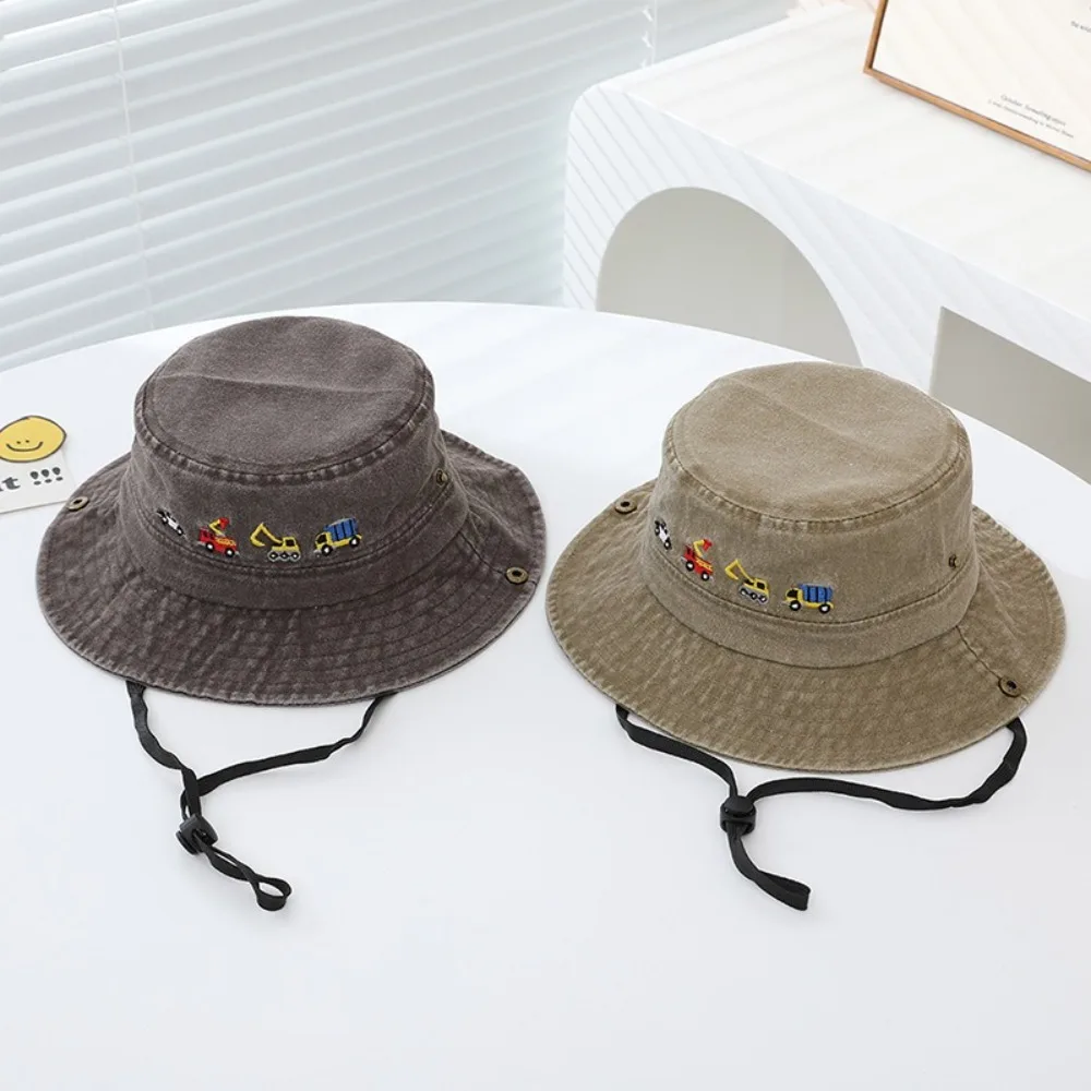 

Cute Embroidered Vehicles Kids Caps Adjustable Breathable Fisherman's Hat Solid Color Boys Sun Hat for 2-6Years
