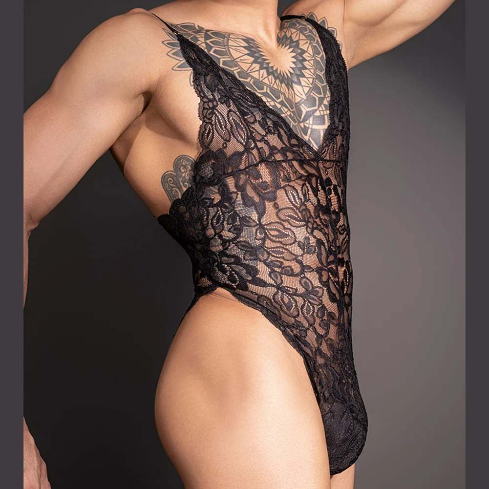 

2025 Мужское кружевное прозрачное мягкое нижнее белье без рукавов для сна, быстросохнущее трико, боди, эротическая пижама Hombre, ажурный комбинезон