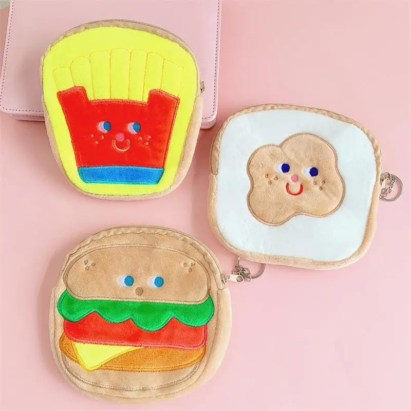 Children's Coin Purse Cartoon Creative Women Wallet Coin Storage Bag Plush Headphone Bag Hamburger Zip Key Holder Headphone Bag