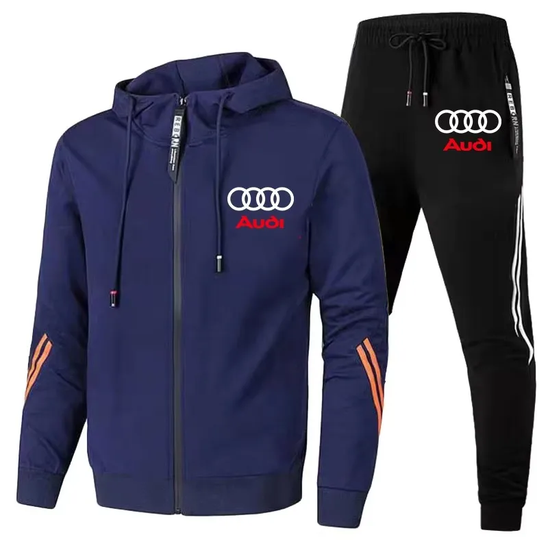 Men\'s Audi Logo Tracksuit Zip Hoodie+Pants 2 Piece Set Casual Fitness Running Sportswear Suit Autumn Winter Coat Hoodie Suit