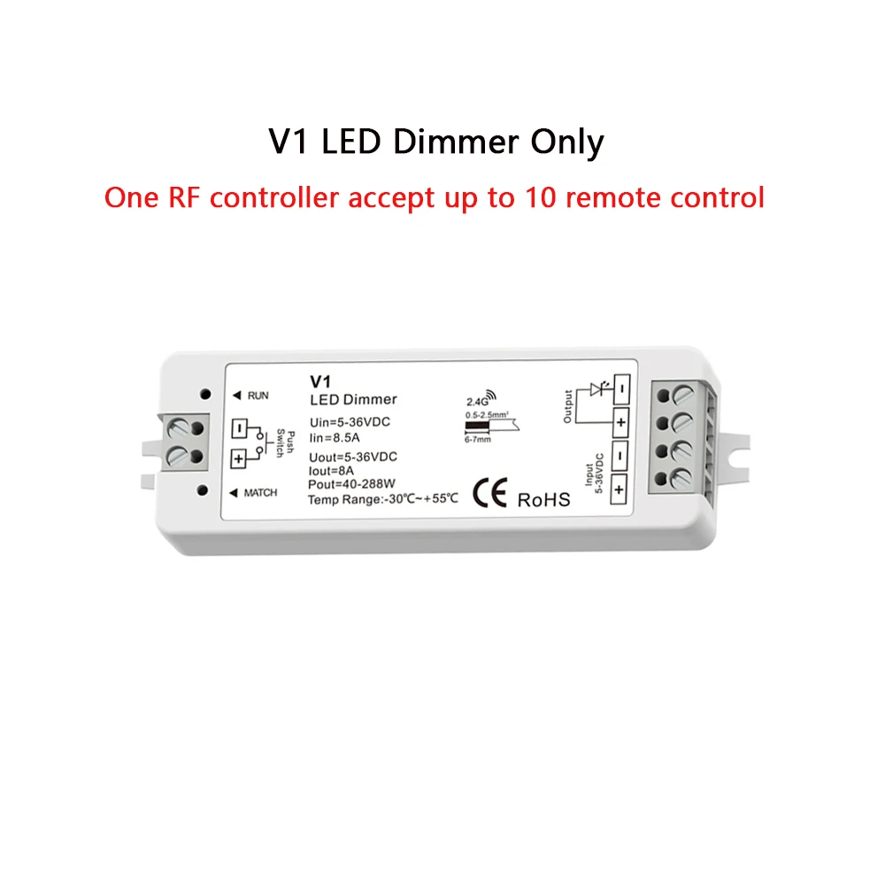 CENFAYA V1 LED-Dimmer 1 Kanal 5V 12V 24V 36V 4-Zonen-Einfarb-LED-Streifen-Dimmkit Wireless 2,4g HF-Fernbedienung Touch-Schalter Dimer 4