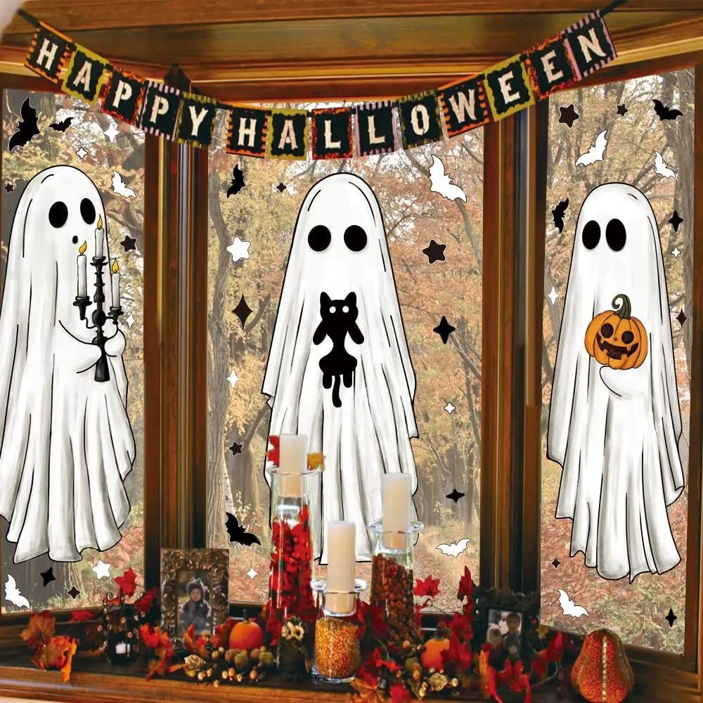 Halloween-Fensteraufkleber Fledermaus Schwarze Katze Geist Kürbis Statische Aufkleber für Glas, Heimdekoration, Feiertagsparty, 3 Blätter