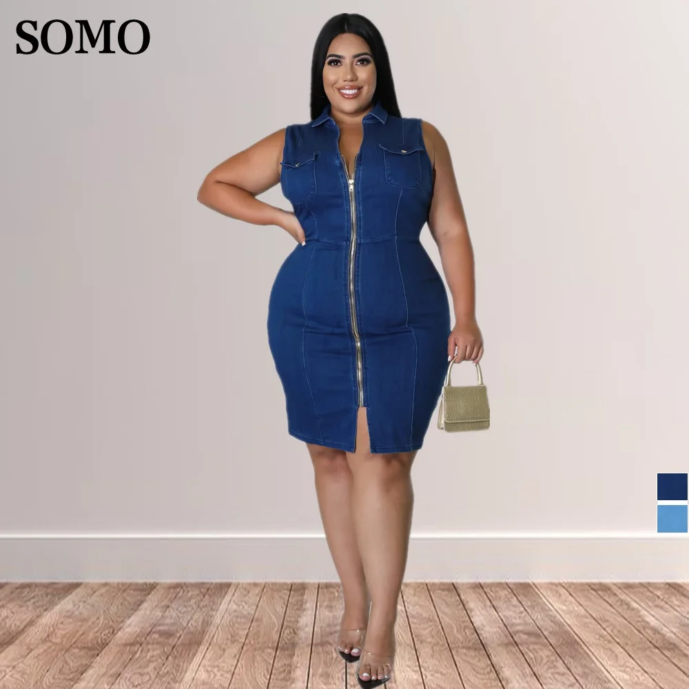 2022 Bộ Quần Áo Mùa Hè Áo Dây Kéo Đầm Denim Plus Size Nữ Xe Tăng Thanh Lịch Đầm Thời Trang Ve Áo Sỉ Dropshipping