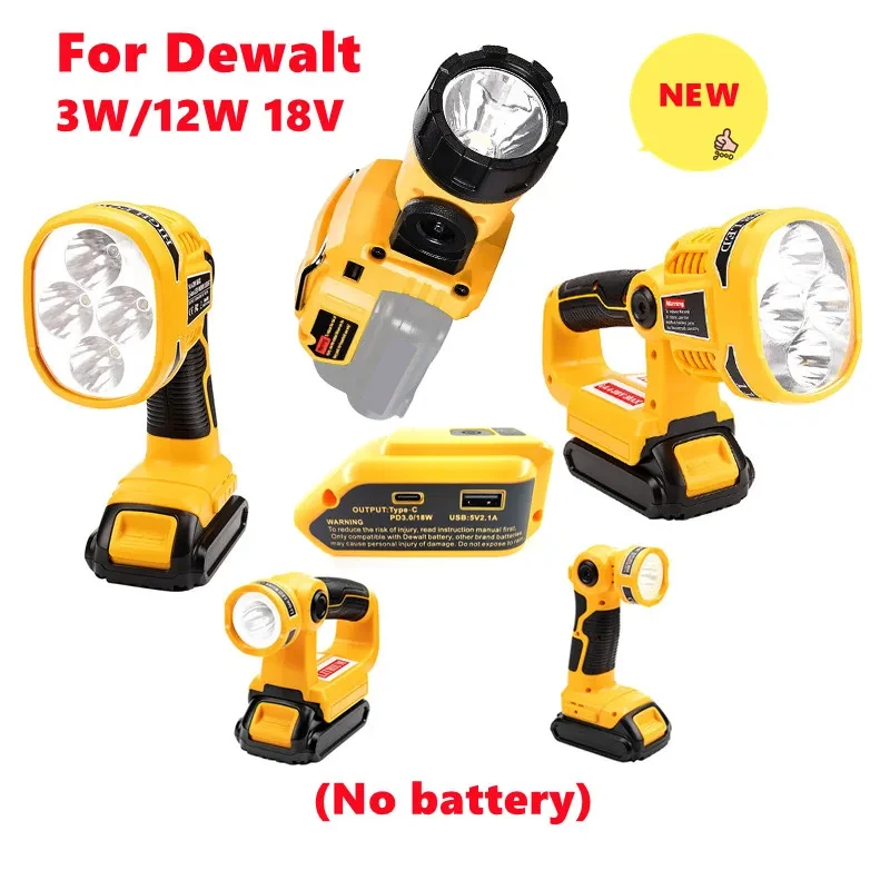 3W/12W 18V LED Lamp Flashlight For Dewalt DCB140 DCB200(NO Battery,NO Charger) 20V Lithium Battery USB Outdoor Tools Work Light