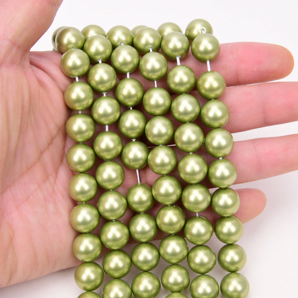 2 Strands 12mm Grass green Sea Shell Pearl Smooth Round Loose Beads Strand 15.5'' Jewelry Making DIY