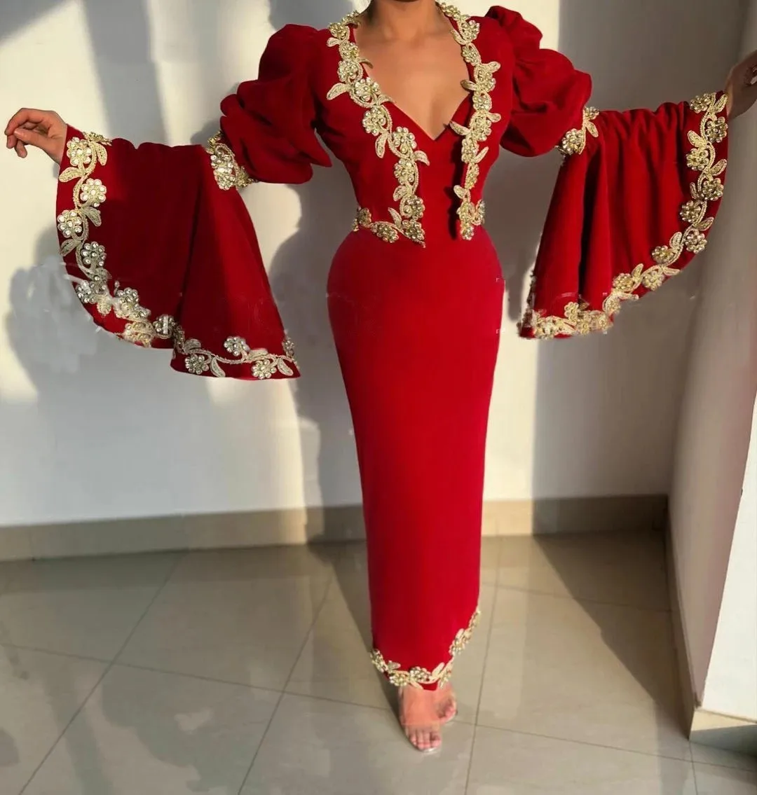 Customized  Albanian Red Mermaid Evening Dress With Jackets Kosovo Gold Lace Appliques Caftan Arabic Celebrity  prom Gowns