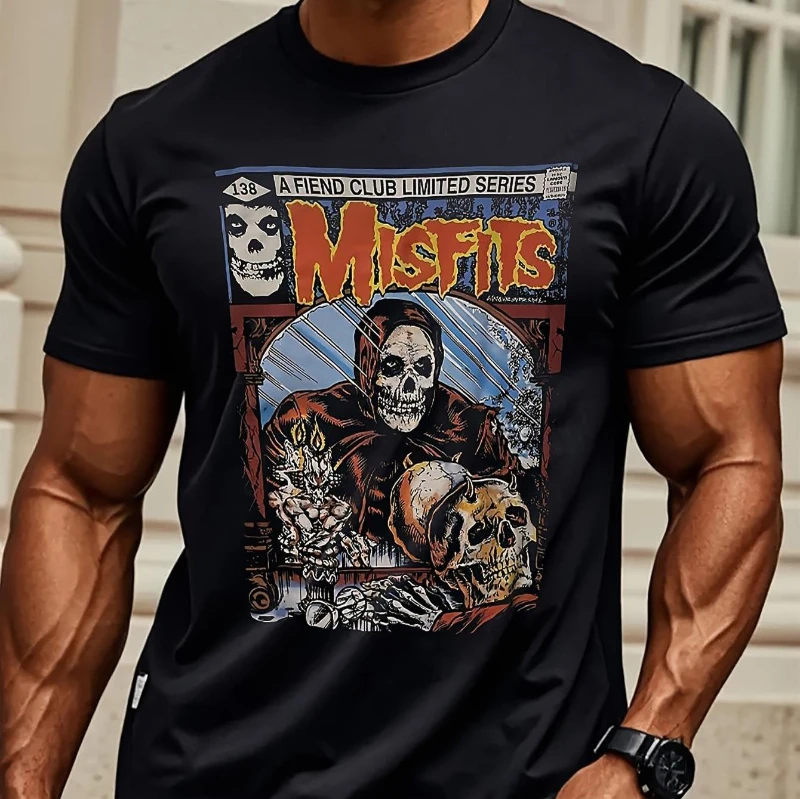 تي شيرت صيفي بنمط ريترو من التسعينيات - تصميم جمجمة ولهب ريترو، تي شيرت كاجوال بنمط عادي للجنسين برقبة دائرية وأكمام قصيرة