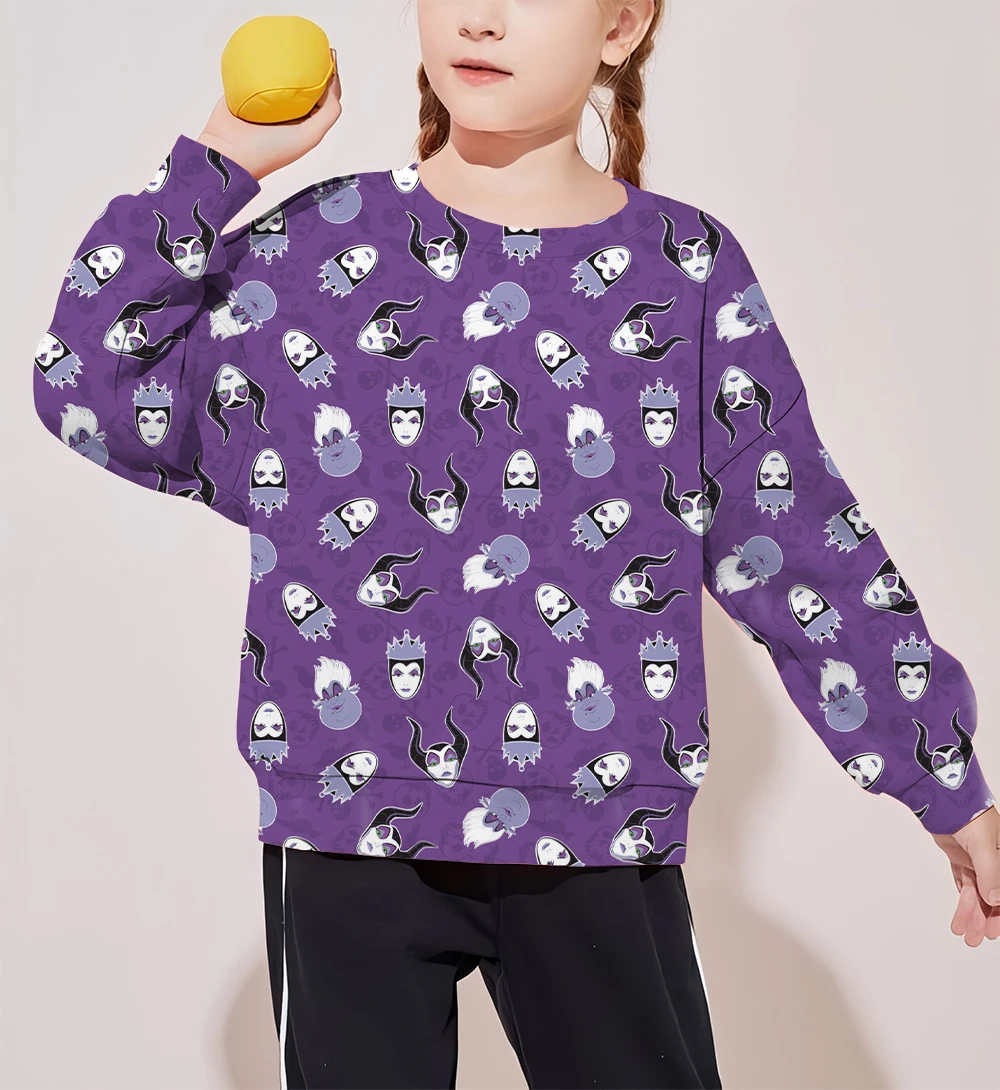 2024 Winter Girls Fashion Round Neck Maleficent Funny Halloween Pattern Print Loose All-match Little Girl Tops Trendy Pullover