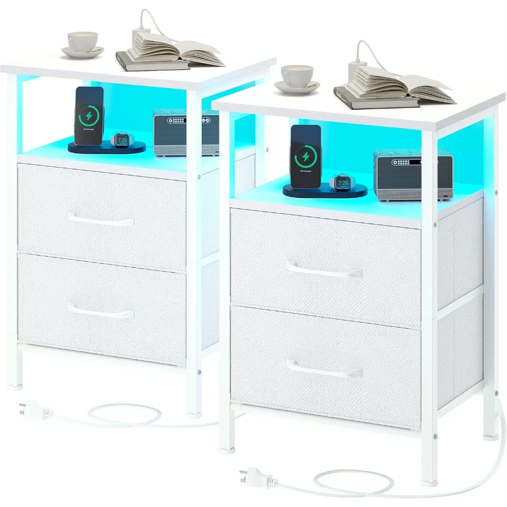 

Nightstands Set of 2, Night Stand with Charging Station and Led Lights, Bedside Table with 2 Fabric Drawers for Bedroom, Small S