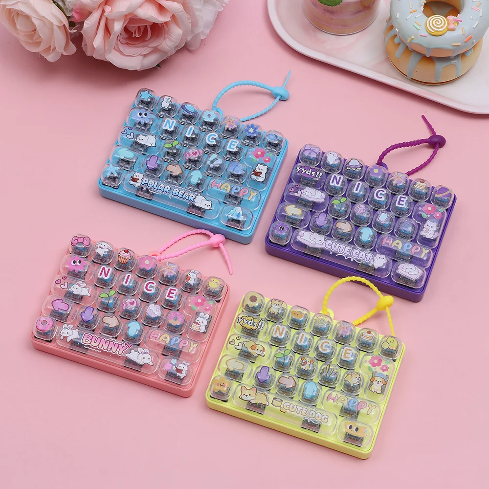 26 Keys Mechanical Keyboard Toy Clear Key Sounds Hangable Stress Relief Fidget Toy Gift Toy Cartoon Animal Patterns