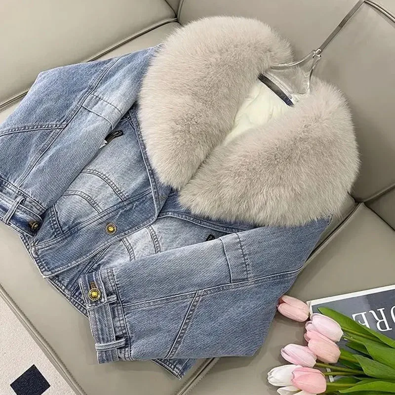 New Winter Imitation Fox Fur Big Fur Collar Denim Jacket Short Casual Down Cotton Lining Base Coat Women Warm Parka Outerwear