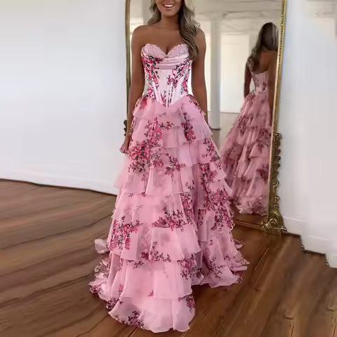 Side Slit Chiffon Prom Dress for Party A-line Puffy Ball Gown Floor Length Sleeveless Tiered Dress Sweetheart Evening Gown