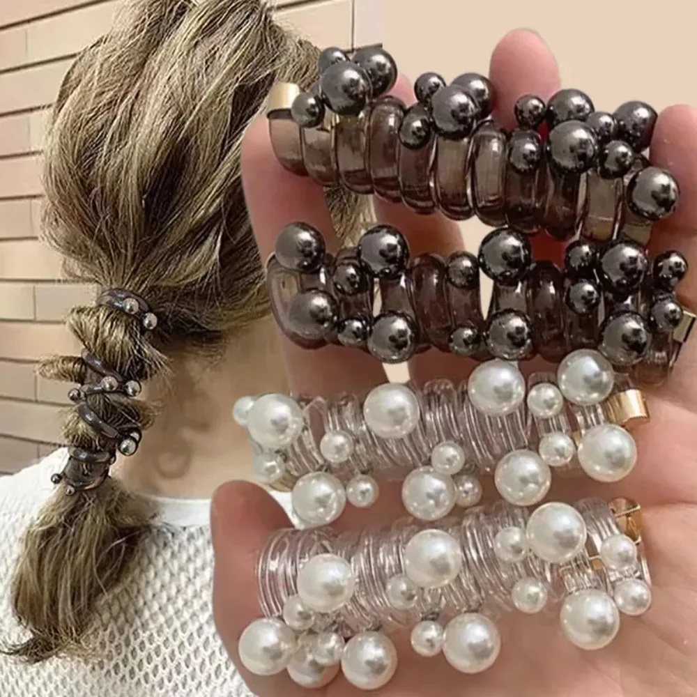 New Telephone Wire Elastic Hair Band Pearl Spiral Rubber Band Bubble Braid Phone Cord Hair Tie Women Hair Styling Accessories