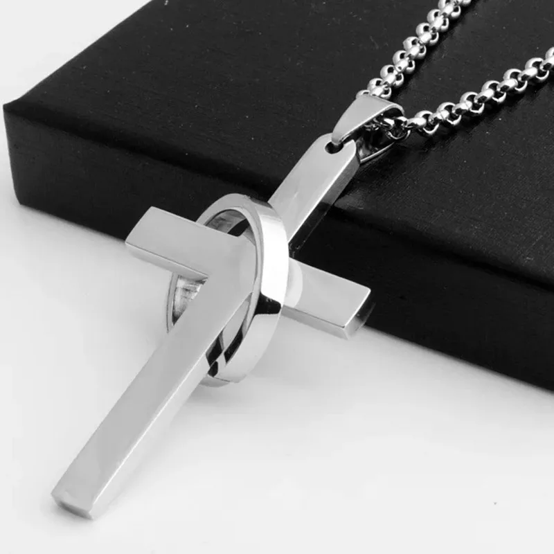 Hiphop Edelstahl-Kreuzkette für Herren, 61 cm lang, Anhänger, Kragen, lichtbeständiges Gebet, Amulett, Schmuck, cooles Geschenk für Jungen