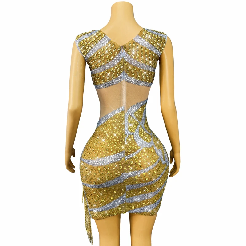 Bar club nocturno DJ traje de baile de Jazz diamantes de imitación dorados celebrar vestido con flecos mujeres vestido de noche de fiesta ropa de escenario XS10473