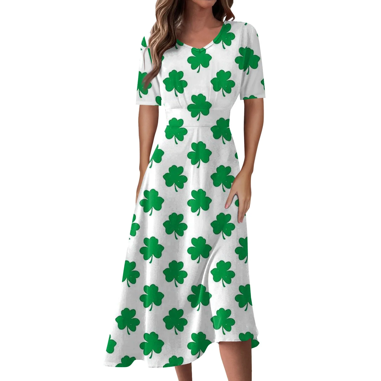 

Ladies Casual Fashion St. Patrick'S Day Print V-Neck Short Sleeve Waist Long Swing Dress Robe Femme Chic Et éLéGante New