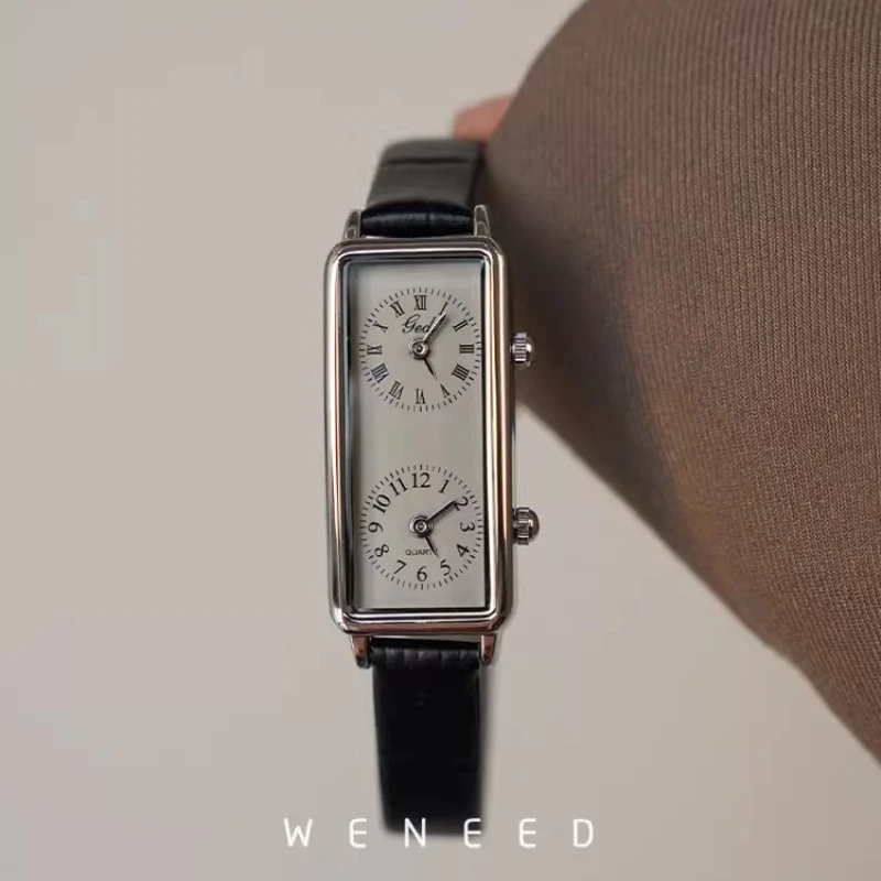 Rectangular double dial watch female genuine leather niche senior sense ladies quartz watch fashion temperament women's watches
