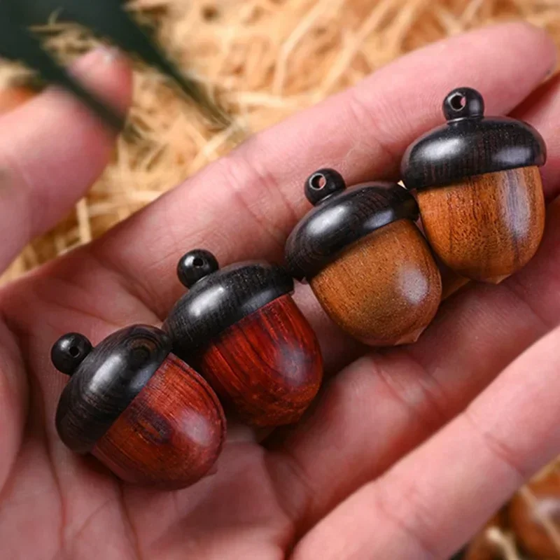 Solid Wood Medicine Pill Box Mini Sandalwood Rescue Wooden Pill Case Outdoor Medicine Tablet Container Acorn Shape Granule 3Pcs