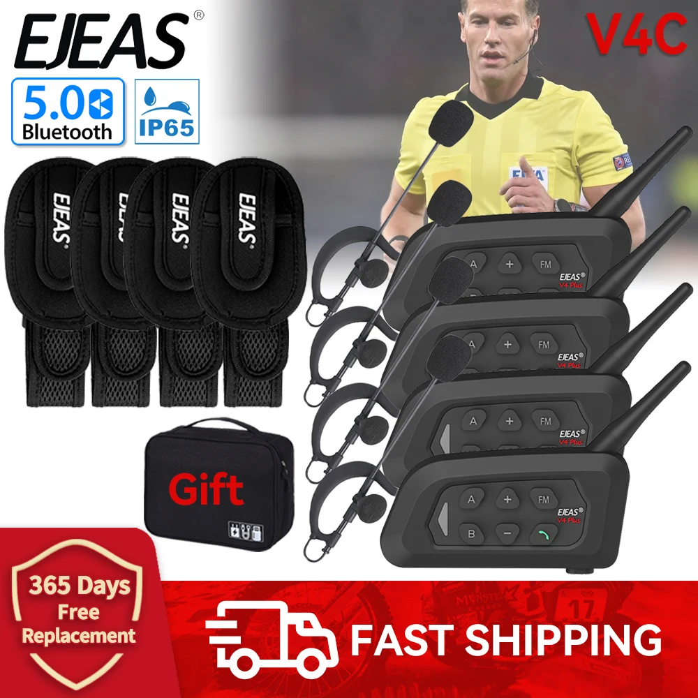 4/3PCS EJEAS V4C PLUS Football Referee Intercom Headset 1500M Full Duplex Bluetooth Headphone Conference Interphone Waterproof