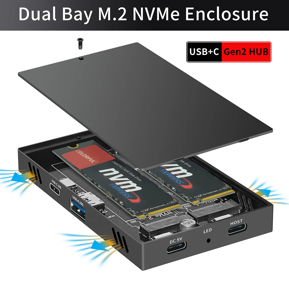 Dual Bay M.2 NVME SSD Enclosure with USB3.2 GEN2 10G + Type C 10Gbps HUB SSD Case SSD Disk Box for 2230 2242 2260 2280 NVME SSD