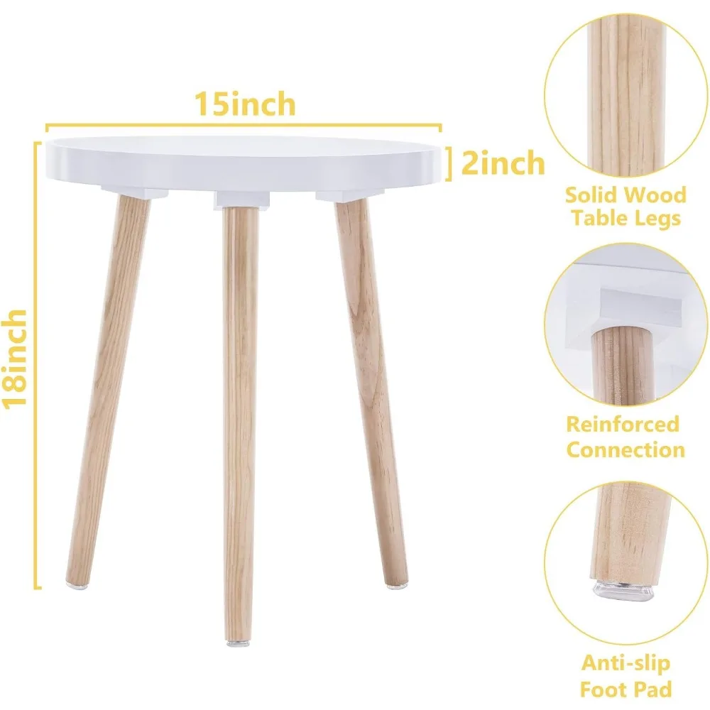 2개 세트 원형 사이드 테이블, 화이트 트레이 나이트스탠드 커피 엔드 테이블 (거실, 침실, 작은 공간용), 간편 조립 침대 옆 테이블