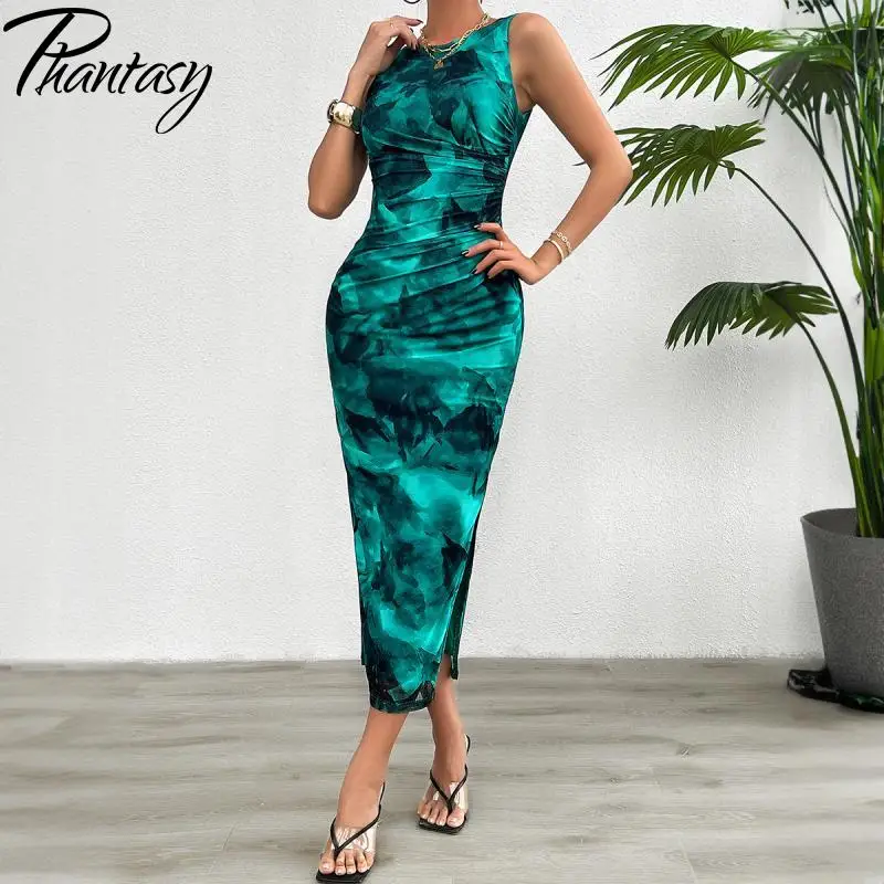 Phantasy Bohemia Vacation Long Dress Women Side Slit Tight Fitting Dresses Female Sleeveless O Neck Beach Style Sundress