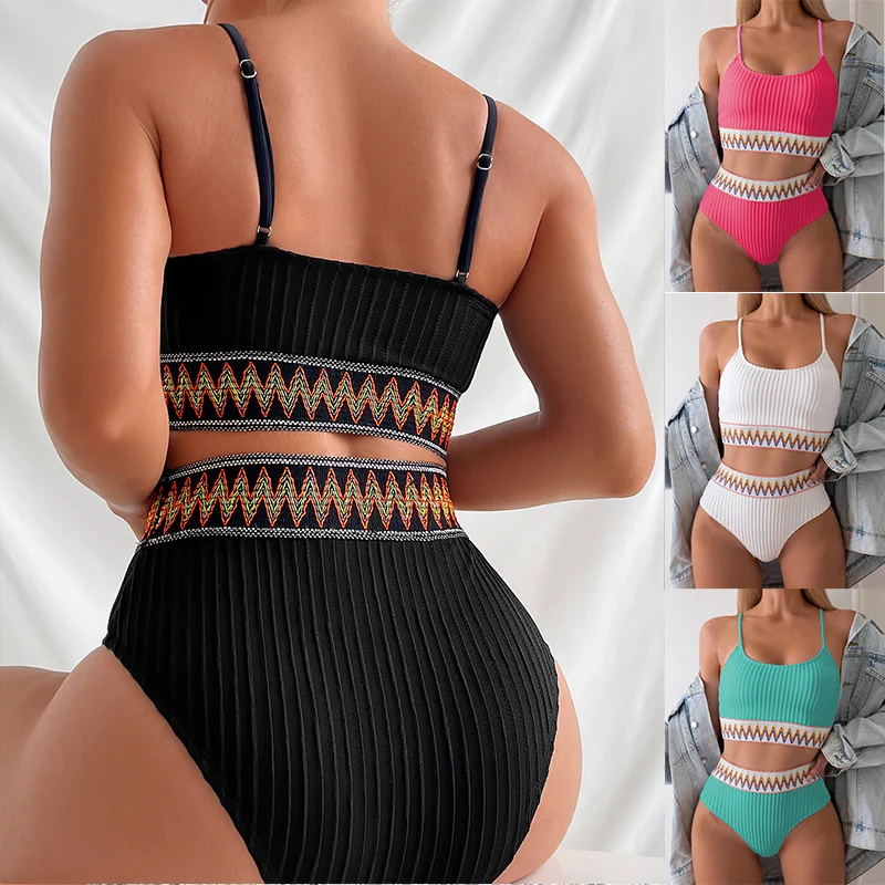 Women\'s Beach Set U-neck Swimsuit High-waist Bikini Suit  Widen Colorful Belt Swimming  Cloth Vest Top Triangle Shorts