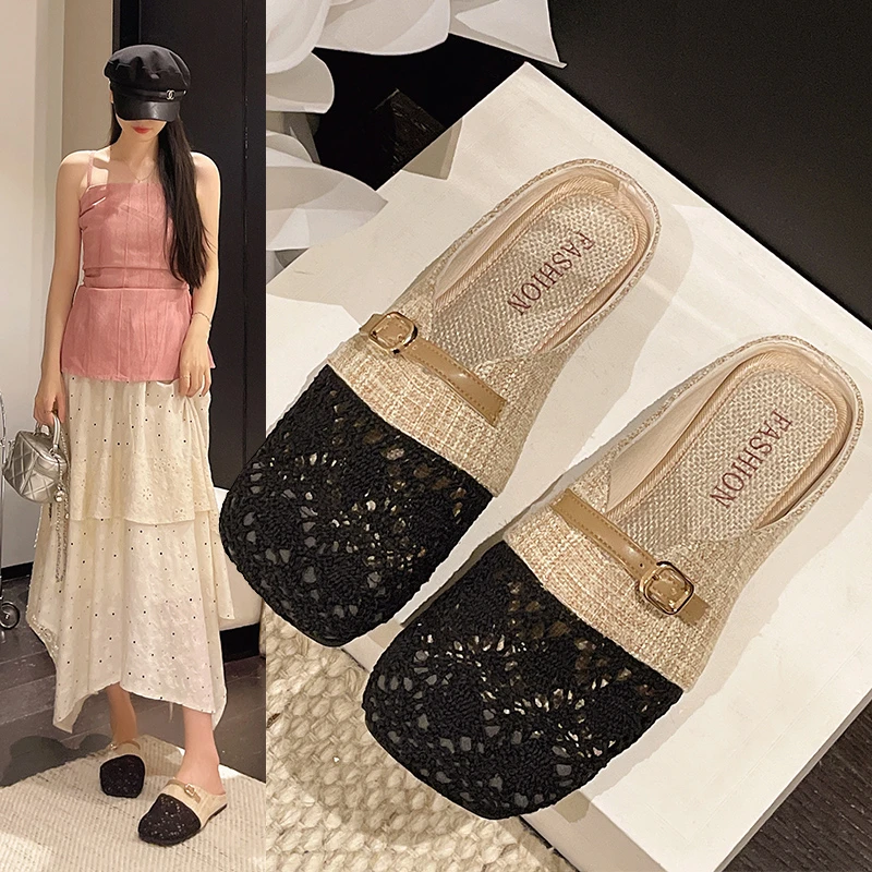 2026Baotou Slippers Summer Soft Sole New Style Pregnant Women Linen Slippers Flat Popular Women's Mesh Lazy