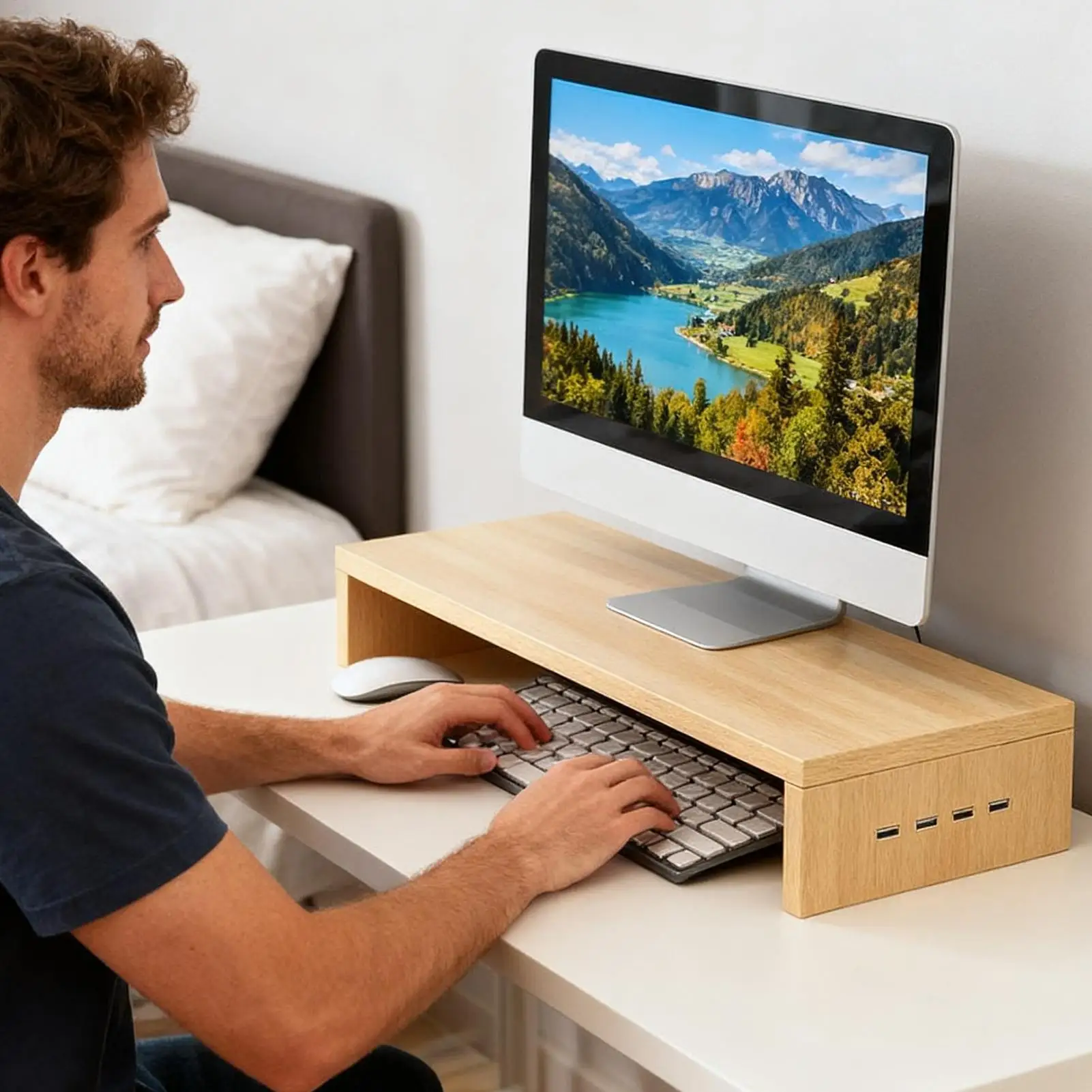 Rak Monitor Stand Riser Ventilasi dengan 4 Port USB, Rak Printer Kantor, Rak Penyimpanan Keyboard Kayu untuk Kantor