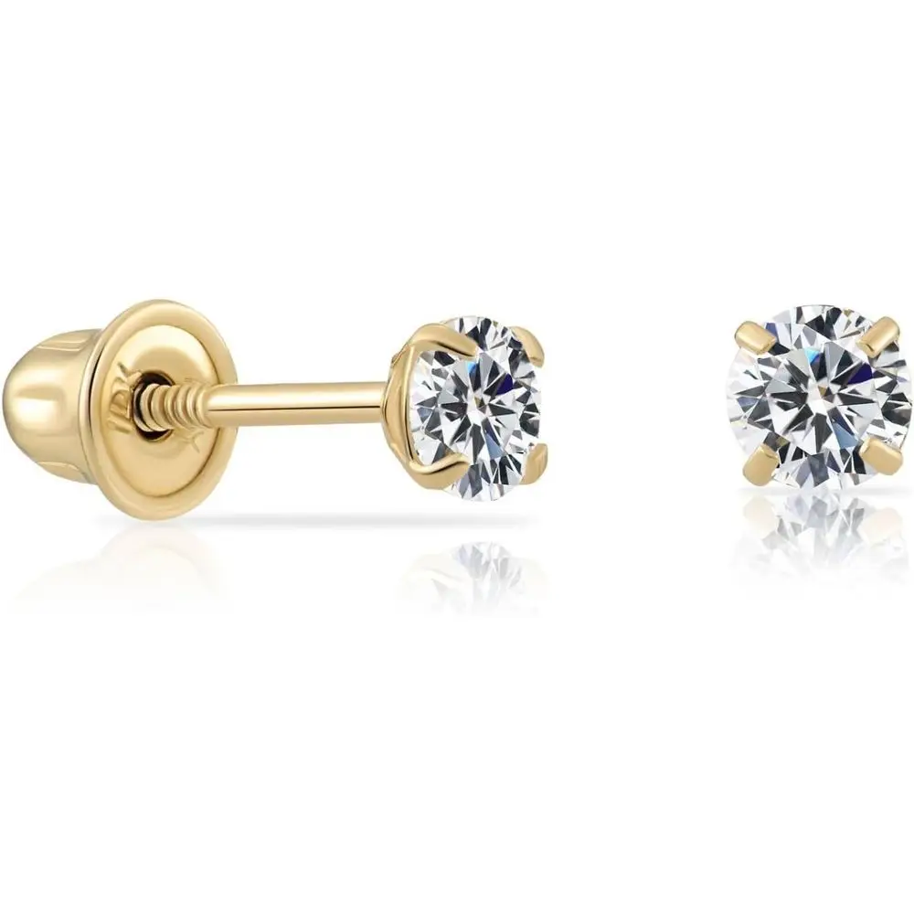 

14k Yellow Gold Round Cubic Zirconia Solitaire Earrings with Secure Screw Backs