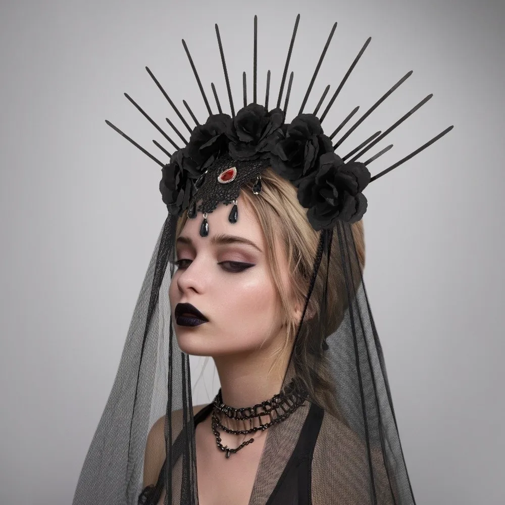 

Retro Mesh Halloween Headband Rhinestone Rose Veil Headband Gothic Black Bride Hairband Party