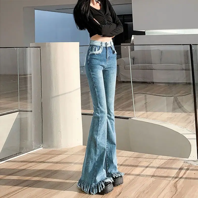 High Waist Vintage Slim Bootcut Jeans Women's Clothing Distressed Fringe Hem Denim Pants Y2K Hotsweet Casual Stylish Trousers