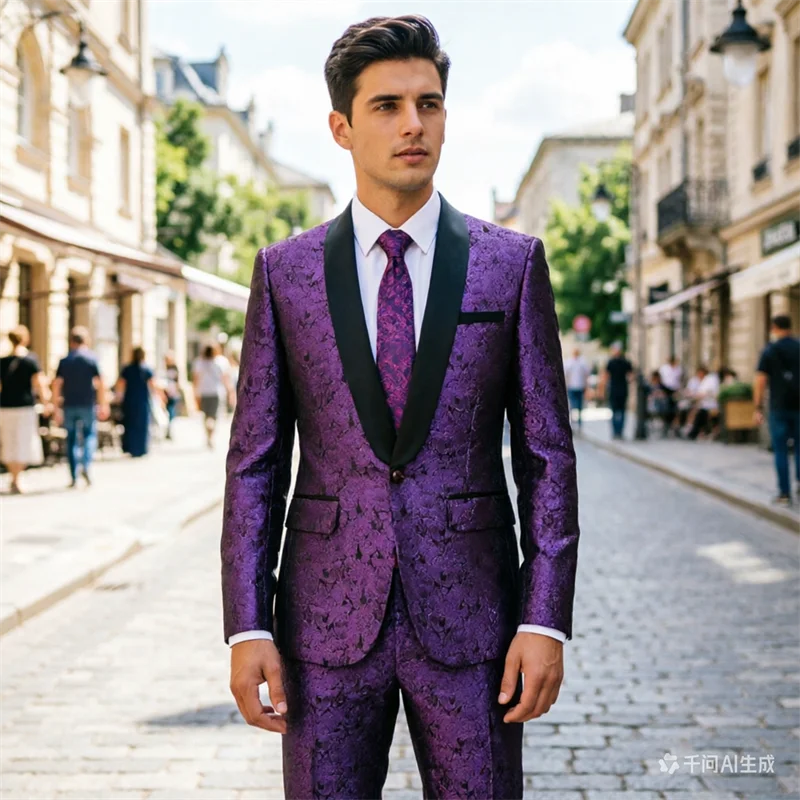 

Men's Premium Purple Jacquard Suit 2-piece Casual Jacket and Pants, European Sizes XXXS-XXL, Available in Multiple Colors