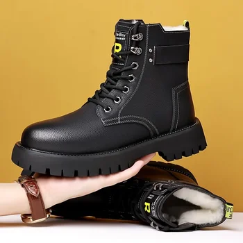 Fashion cow leather platform men boots designer soft-soled casual autumn winter cotton shoes for men black motorcycle boots