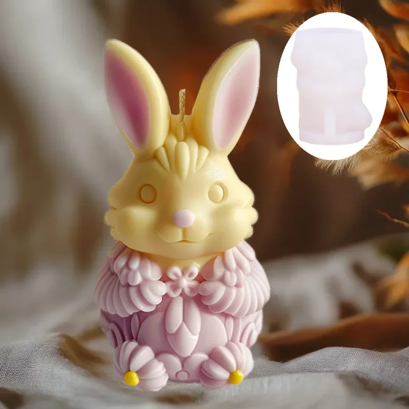 3D Cute Rabbit Candle Silicone Mold Vertical Ears Flower Rabbits Resin Mould Striped Easter Bunny Concrete Gypsum Molds