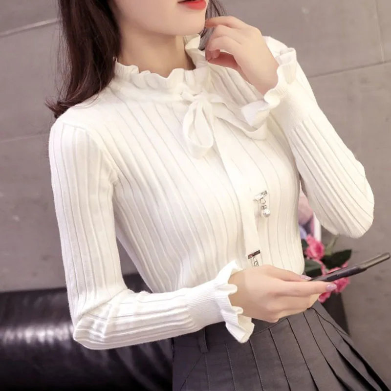 Butterfly knot new velvet knit sweater autumn and winter Korean version long sleeved slim fit pullover sweater