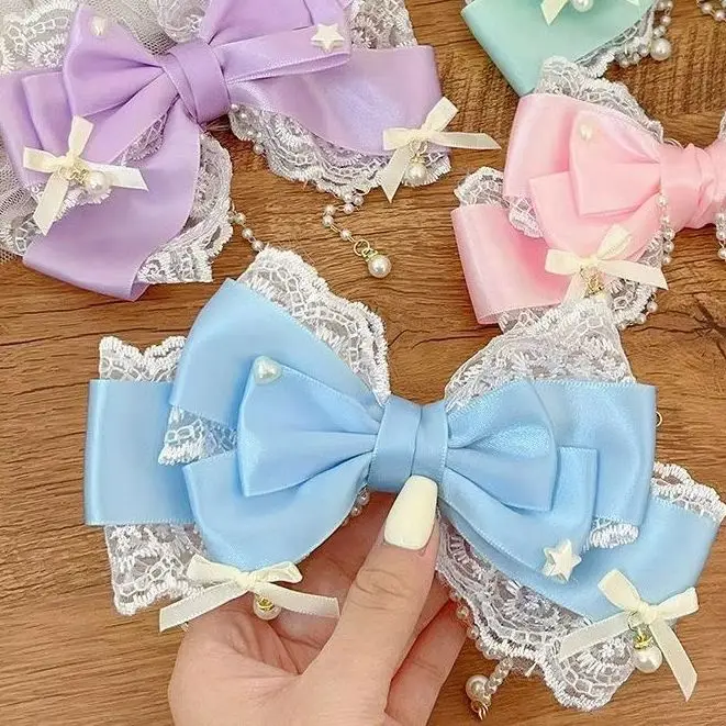 Cute Gilrs Lolita Pink Bow Headpiece Large Lace Bow Pearl Pink Princess Headwear Hair Clip Hair Accessories