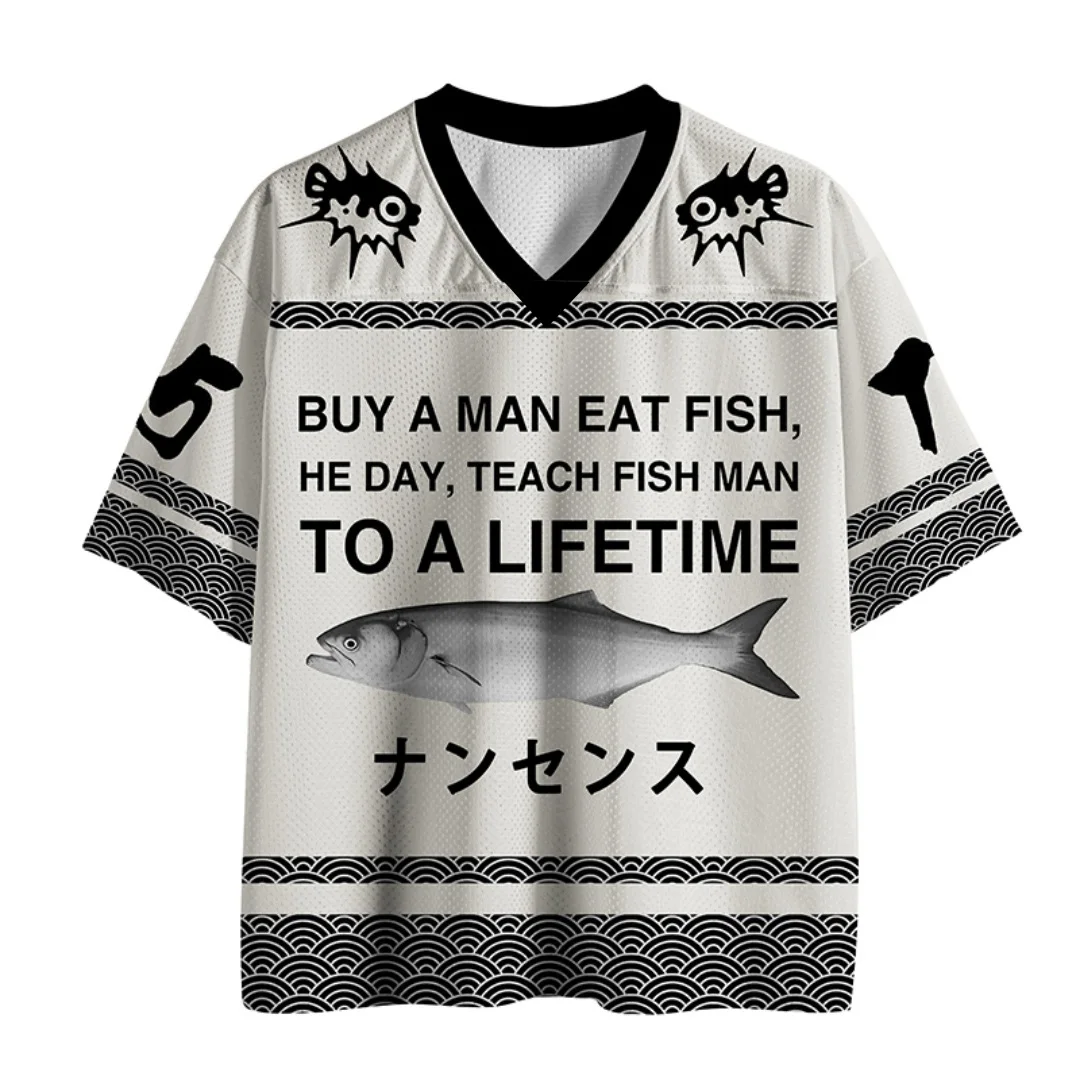 Funny Fish Meme Double Sided Jersey T‑Shirt Men Women Weird Quote Japanese Wave Kanji  Graphic Loose Sport Streetwear Tops