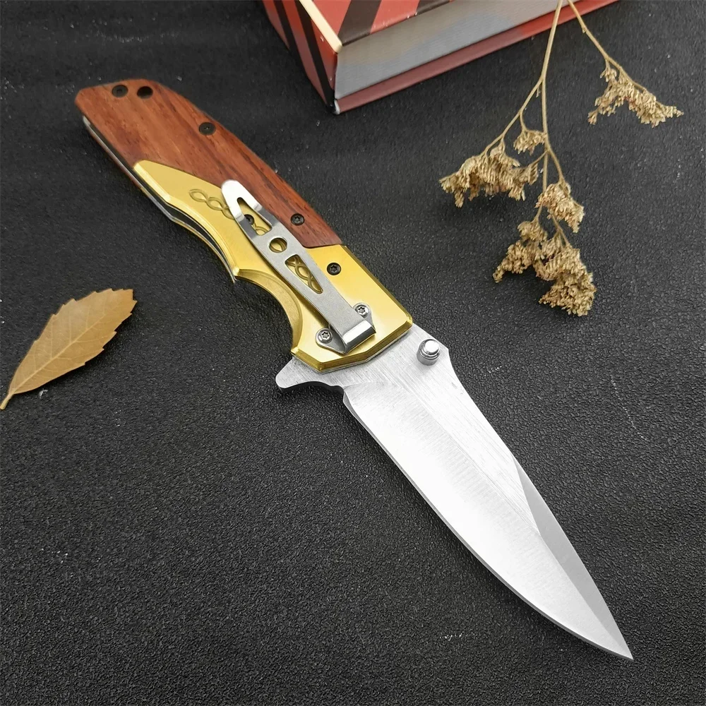 Outdoor Pocket Folding Knife DA77, 5Cr13Mov Blade Brass + Wooden Handle, EDC Camping Survival Hunting Knife Rescue Tool