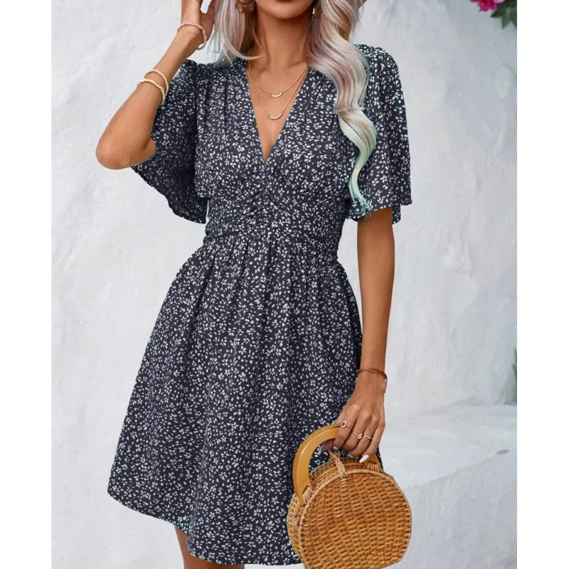 Women's Fashion Summer New V-neck Middle Sleeve Printed High Waist Mini Dress Elegant Women's Fragmented Flower Pleated Vestidos