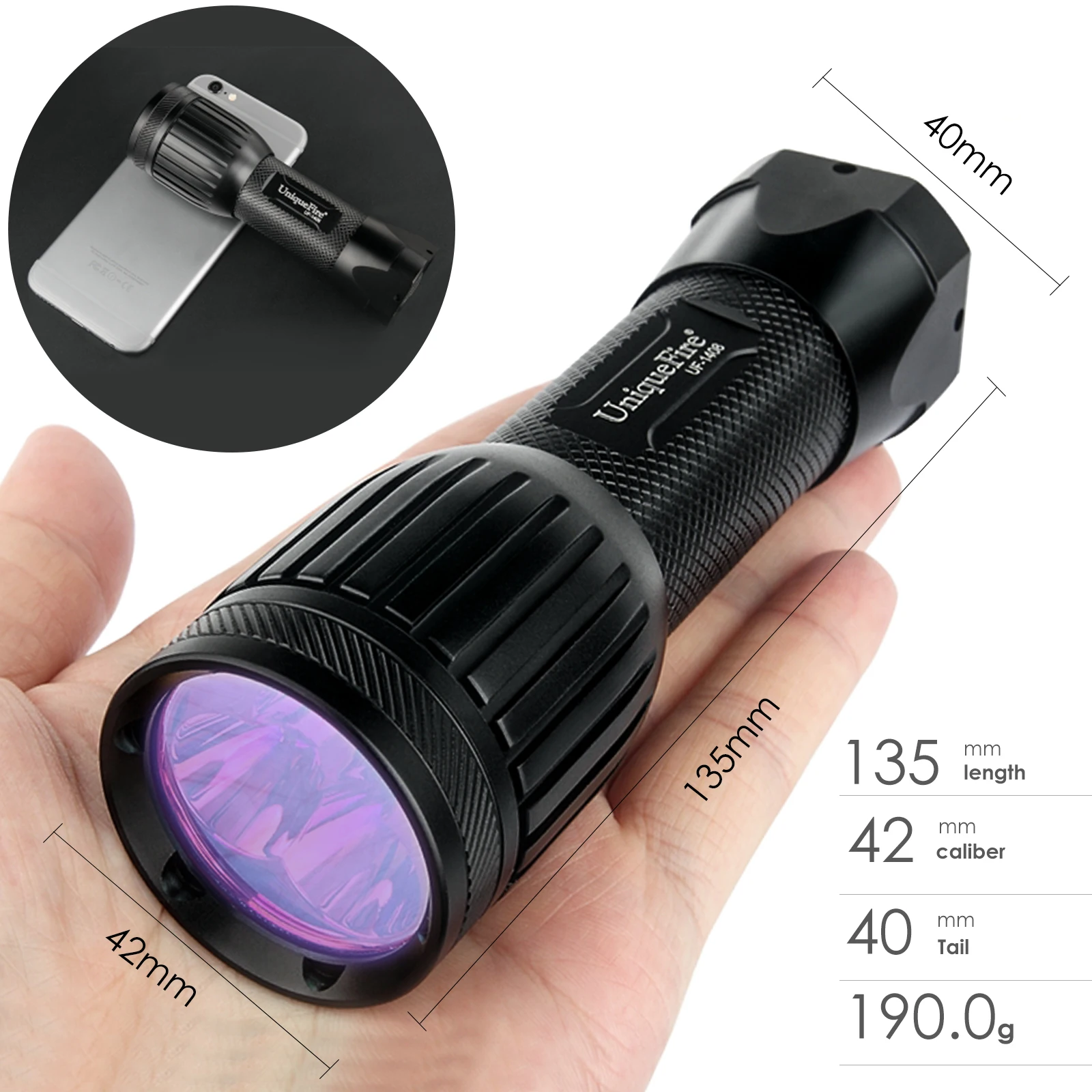 UniqueFire 1408 UV 365NM Ultraviolet Light Black LED Flashlight Torch Single Mode Detecting Counterfeit Money, Spot Scorpions